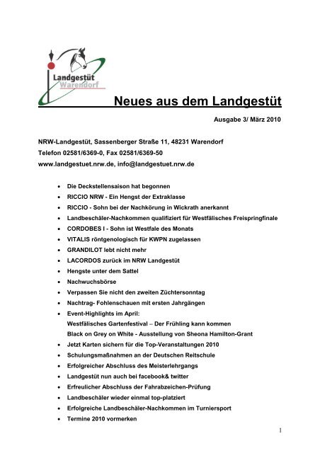 Neues aus dem LandgestÃ¼t - Landesregierung Nordrhein-Westfalen