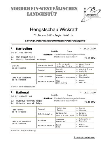 Hengstschau Wickrath nordrhein-westfÃ¤lisches LandgestÃ¼t