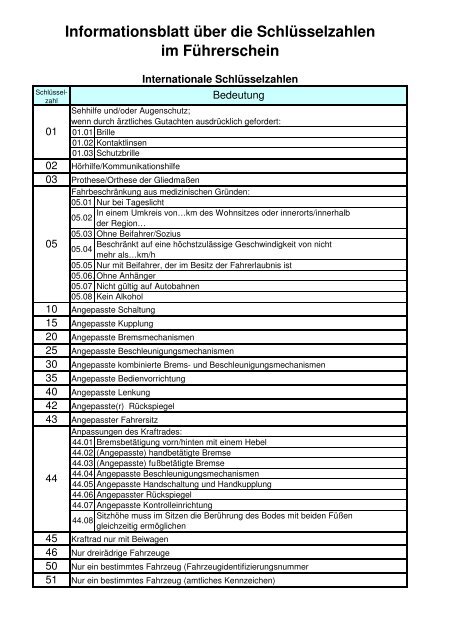 Informationsblatt über die Schlüsselzahlen im Führerschein