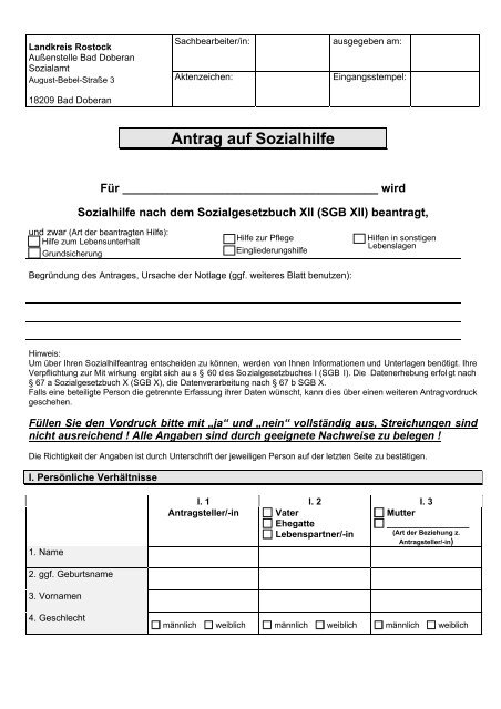 Antrag auf Sozialhilfe - Landkreis Rostock