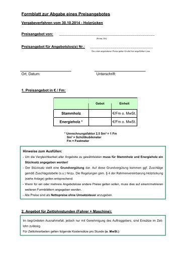 Formblatt zur Angebotsabgabe