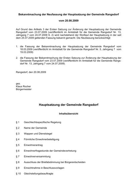 Hauptsatzung der Gemeinde Rangsdorf - Rangsdorf - in der ...