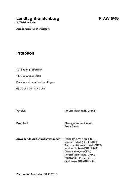Sitzung des Ausschusses für Wirtschaft am 11.09.2013 [ PDF , 5.2 MB]