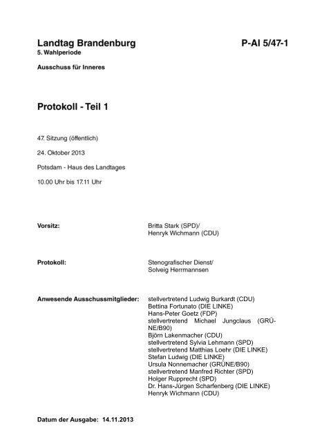 Protokoll der 47. Sitzung des Ausschusses für Inners am 24.10.2013