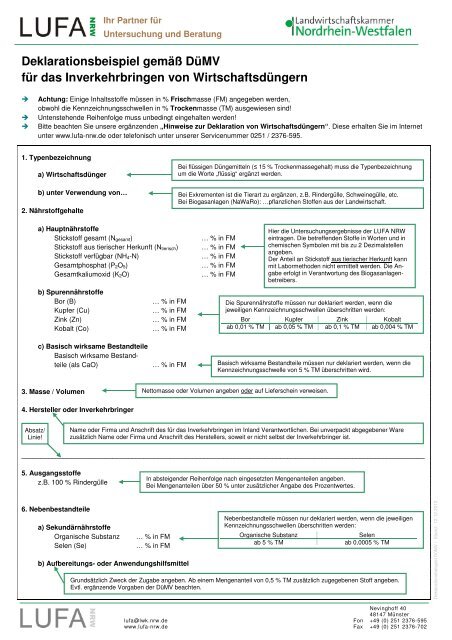 Deklarationsbeispiel gemäß DüMV für das Inverkehrbringen von ...