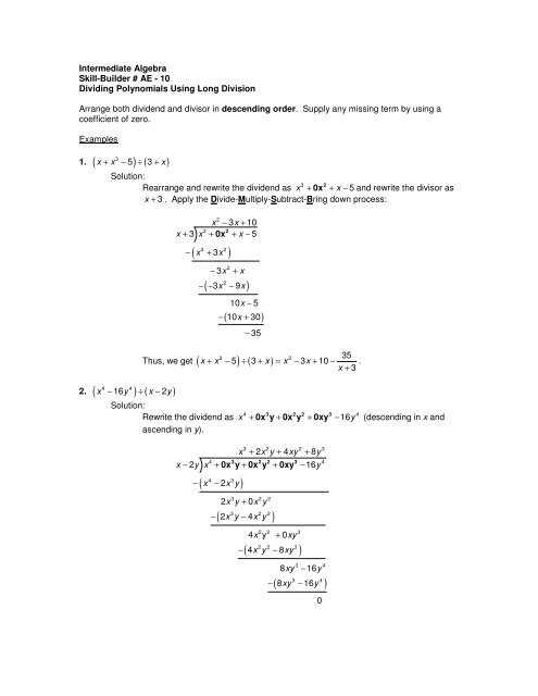 Dividing Polynomials Using Long Division