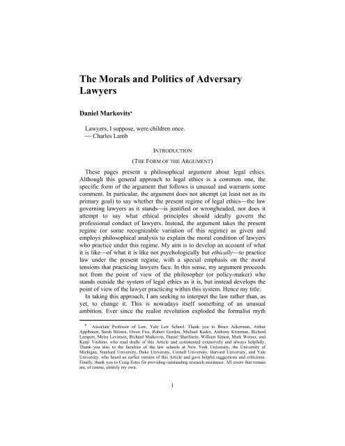The Morals and Politics of Adversary Lawyers - Florida State ...
