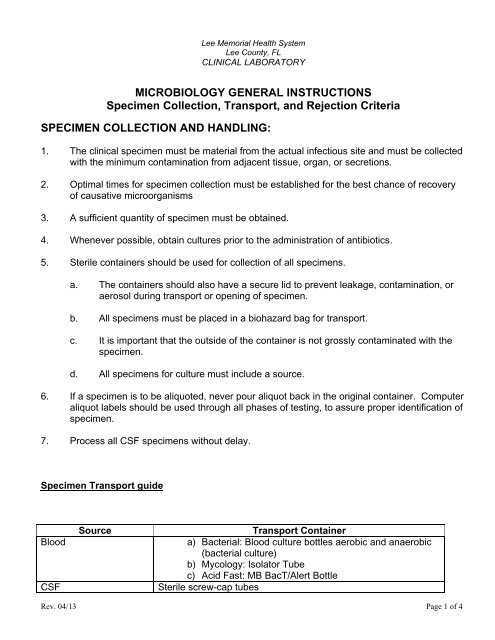 Microbiology General Instructions - Lee Memorial Health System