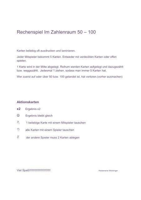 Rechenspiel Im Zahlenraum 50 – 100