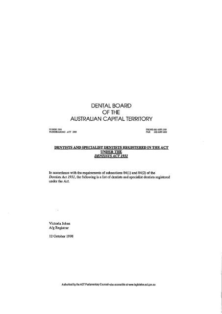 dental board of the australian capital territory - ACT Legislation ...