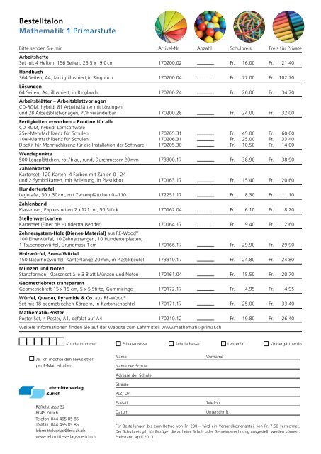 Bestelltalon 2013 Mathematik 1-3 Primarstufe - Lehrmittelverlag Zürich