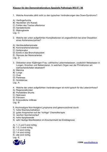 Klausur für den Demonstrationskurs Spezielle Pathologie WS 97 ...