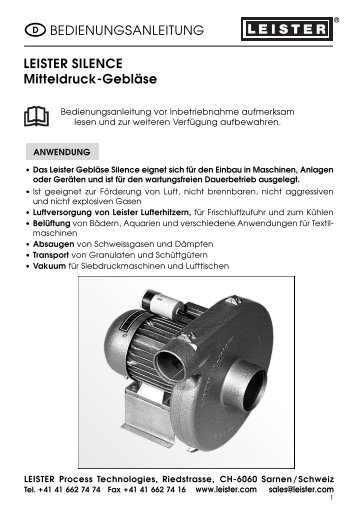 LEISTER SILENCE Mitteldruck-Gebläse BEDIENUNGSANLEITUNG