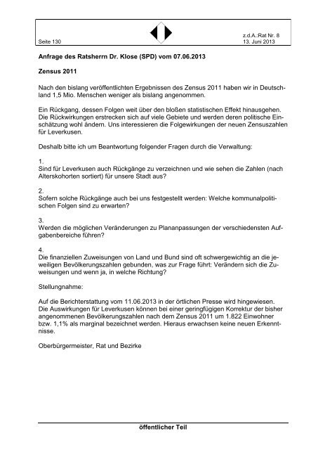 Mitteilungsblatt z.d.A. Rat Nr. 8 vom 13. Juli 2013 - Stadt Leverkusen