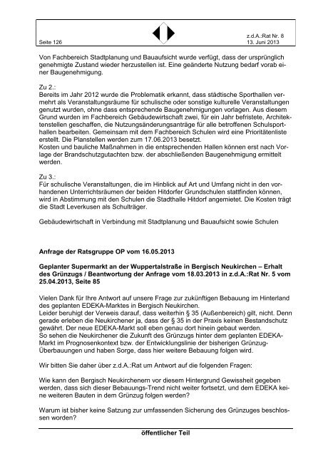 Mitteilungsblatt z.d.A. Rat Nr. 8 vom 13. Juli 2013 - Stadt Leverkusen