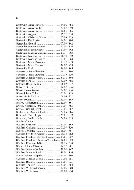 Gesamtregister zum Kirchenbuch Witznitz