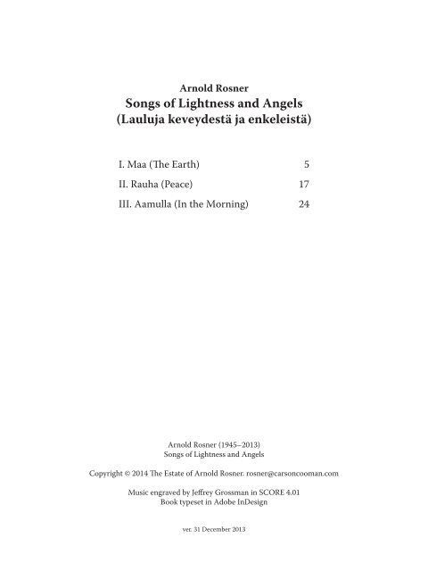 Rosner - Songs of Lightness and Angels, op. 90