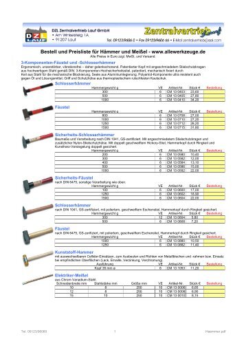 Bestell und Preisliste für Hämmer und Meißel - www.allewerkzeuge.de