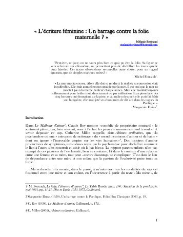 L'écriture féminine : Un barrage contre la folie maternelle - Lituraterre