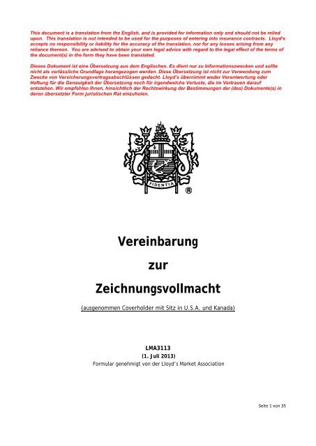 LMA 3113 Model Binding Authority Agreement - German ... - Lloyd's