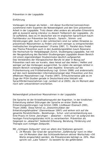 Prävention in der Logopädie (PDF, 22KB) - HfH - Interkantonale ...