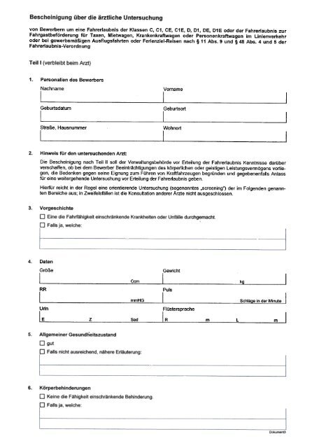 Lkw Führerschein Verlängerung Formular ärztliche Untersuchung Bescheinigung über die ärztliche Untersuchung 4. 6.