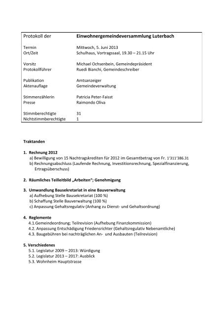 Protokoll der Einwohnergemeindeversammlung Luterbach