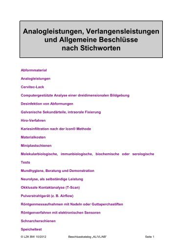 Analogleistungen, Verlangensleistungen und Allgemeine ... - LZK BW