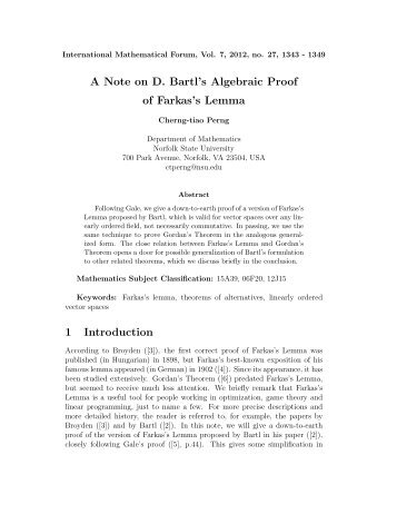 A Note on D. Bartl's Algebraic Proof of Farkas's Lemma 1 Introduction