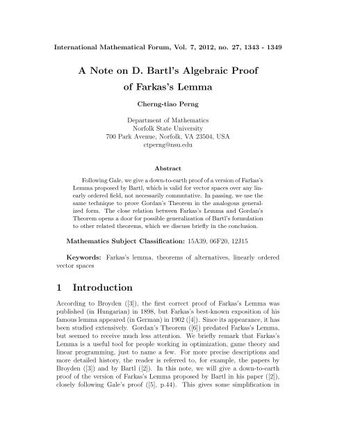 A Note on D. Bartl's Algebraic Proof of Farkas's Lemma 1 Introduction