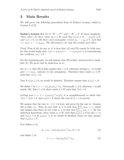 A Note on D. Bartl's Algebraic Proof of Farkas's Lemma 1 Introduction