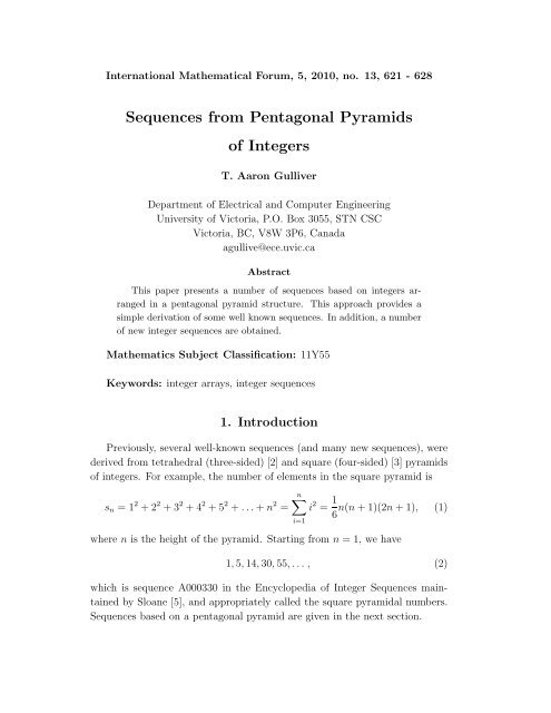 Sequences from Pentagonal Pyramids of Integers - HIKARI Ltd
