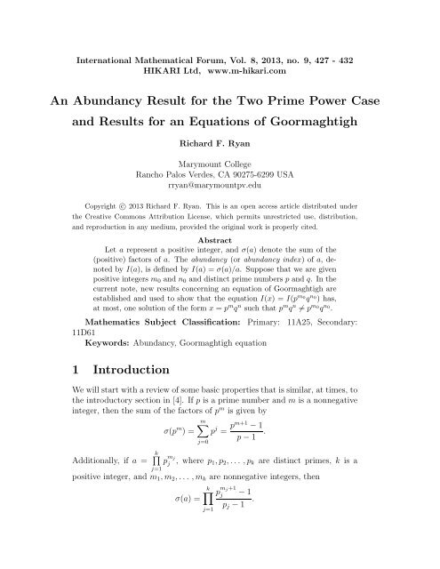 An Abundancy Result for the Two Prime Power Case ... - HIKARI Ltd