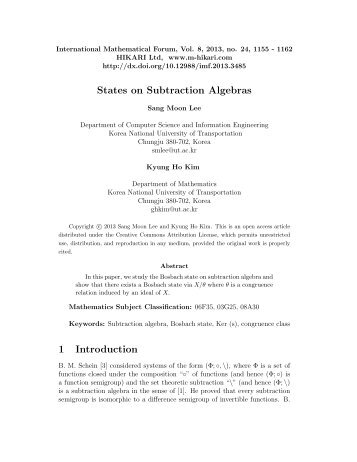 States on Subtraction Algebras 1 Introduction