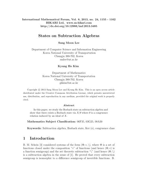 States on Subtraction Algebras 1 Introduction