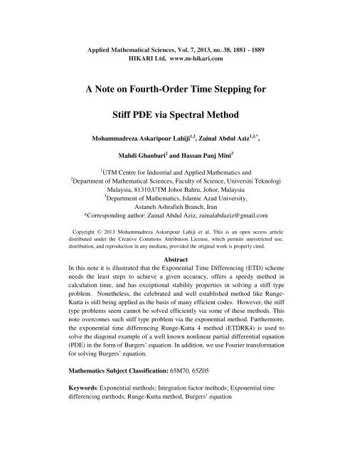 A Note on Fourth-Order Time Stepping for Stiff PDE via ... - HIKARI Ltd