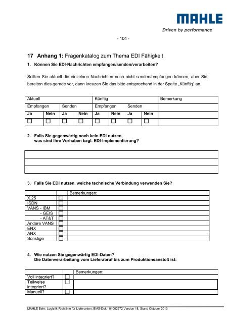 Logistikrichtlinie MAHLE Behr weltweit