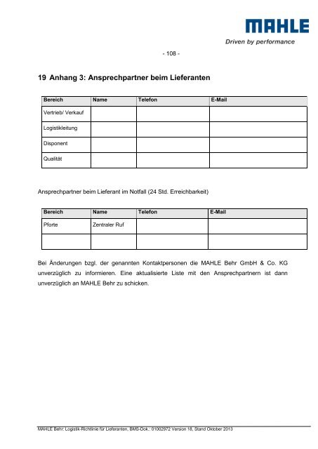 Logistikrichtlinie MAHLE Behr weltweit