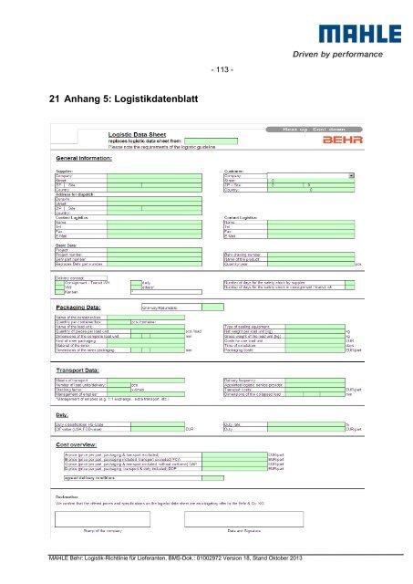 Logistikrichtlinie MAHLE Behr weltweit