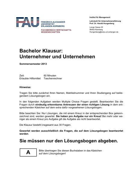 Klausur SS 13 - Lehrstuhl für Unternehmensführung - Friedrich ...