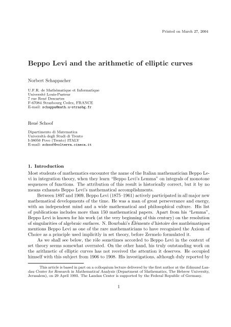 Beppo Levi and the arithmetic of elliptic curves - Dipartimento di ...