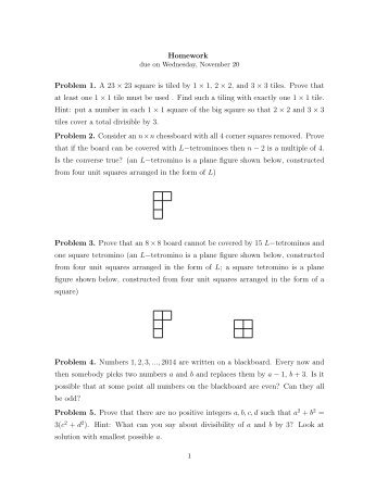 Homework Problem 1. A 23 × 23 square is tiled by 1 × 1, 2 × 2, and 3 ...