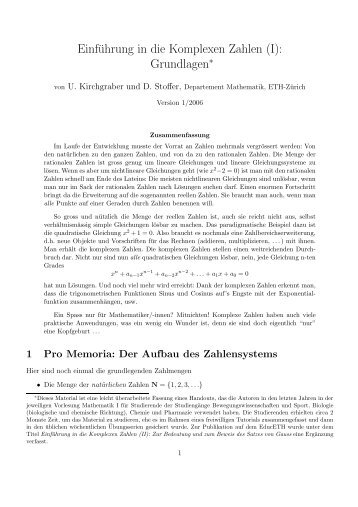 Einführung in die Komplexen Zahlen (I): Grundlagen∗ - ETH Zürich