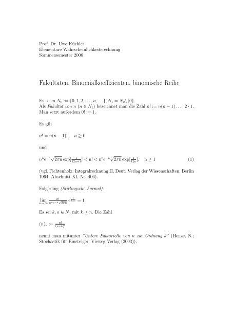 Fakultäten, Binomialkoeffizienten, binomische Reihe