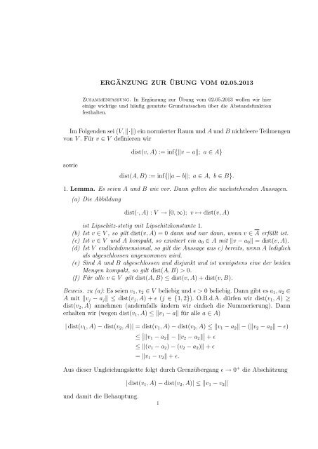 elementare Eigenschaften der Abstandsfunktion