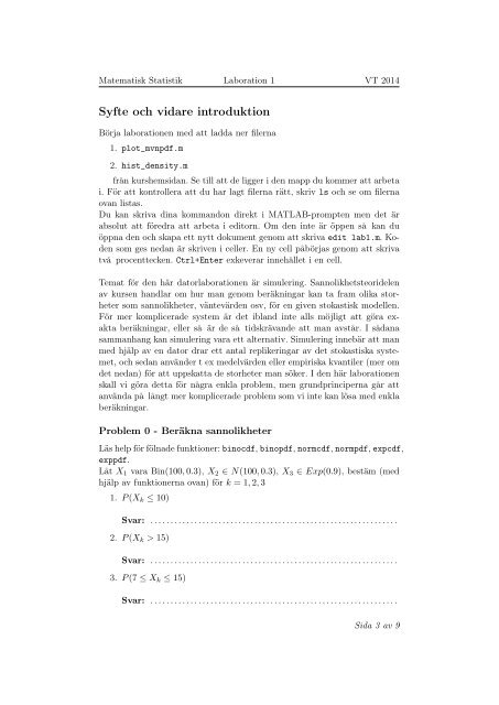 SF1901 Sannolikhetsteori och statistik: VT 2014 Lab 1 ... - Matematik