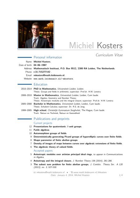 Michiel Kosters A Curriculum Vitae Mathematisch Instituut Leiden