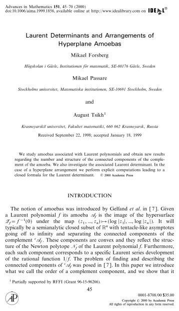 Laurent determinants and Arrangements of Hyperplane Amoebas