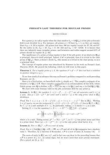 FERMAT'S LAST THEOREM FOR REGULAR PRIMES For a prime p ...