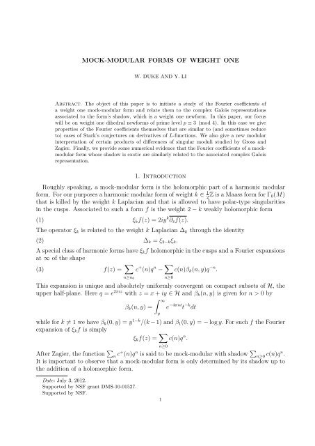 Mock-modular forms of weight one - UCLA Department of Mathematics